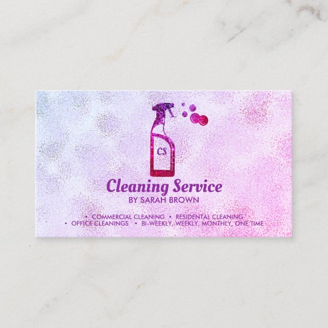 Pink Spray Bottle Bubbles Personalised Initials Business Card (Front)