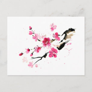 Pink spring bloom. Сalligraphic Ink painting Postcard