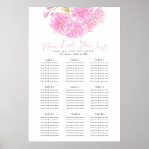 Pink spring blossom wedding seating chart poster