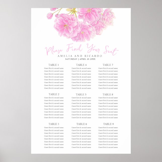 Pink spring blossom wedding seating chart poster (Front)