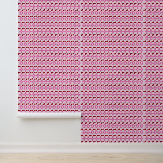 Pink Spring Cherry blossom and cherries Patterned Wallpaper (Application)