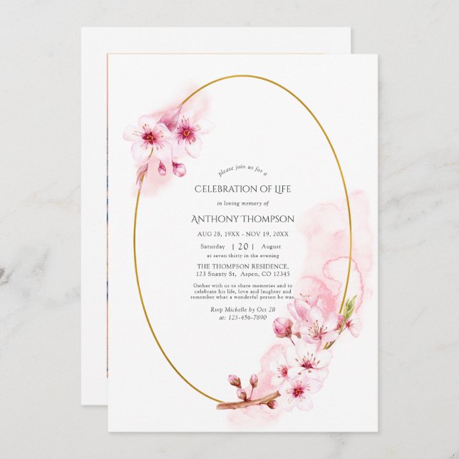 Pink Spring Cherry Blossom Celebration of Life Invitation (Front/Back)