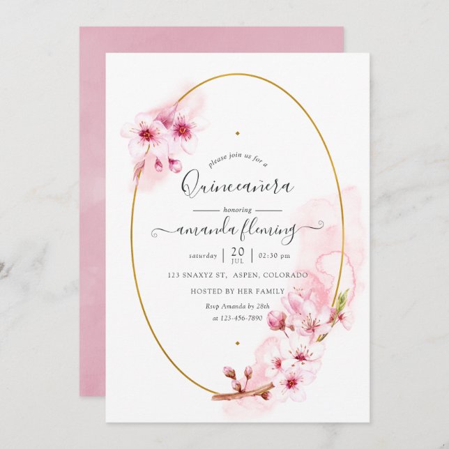 Pink Spring Cherry Blossom Quinceañera Invitation (Front/Back)