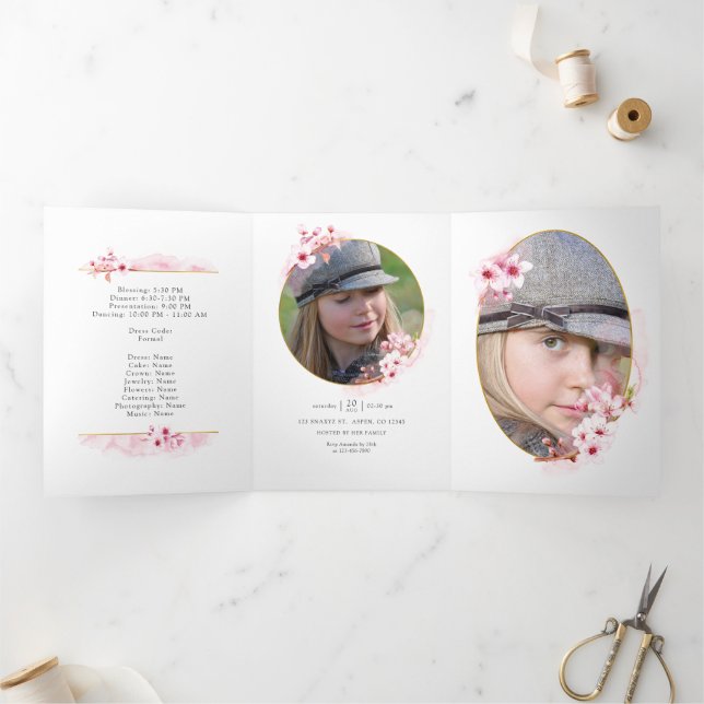 Pink Spring Cherry Blossom Quinceañera Tri-Fold In Invitation (Inside)