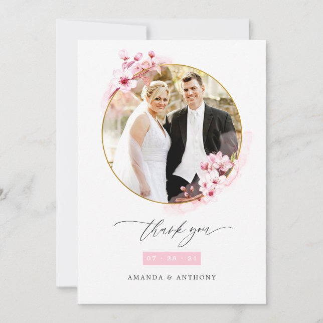 Pink Spring Cherry Blossom Wedding Photo Collage Thank You Card (Front)