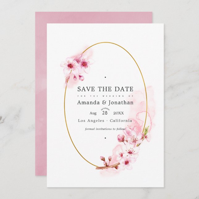 Pink Spring Cherry Blossom Wedding Photo Save The Date (Front/Back)