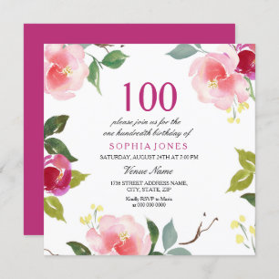 Pink Spring Floral 100th Birthday Party Invitation