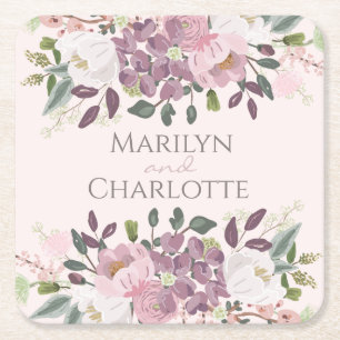 Pink Spring Floral Bouquet Wedding Square Paper Coaster