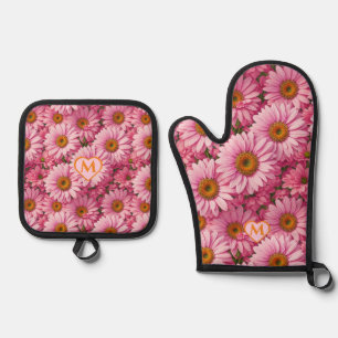 Pink spring floral pink daisies pink flowers oven mitt & pot holder set
