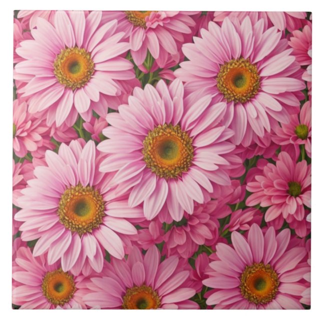 Pink spring floral pink daisies retro pink flowers tile (Front)