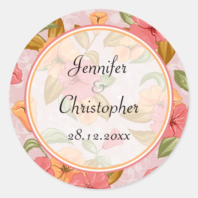 Pink Spring Floral Wedding Classic Round Sticker (Front)
