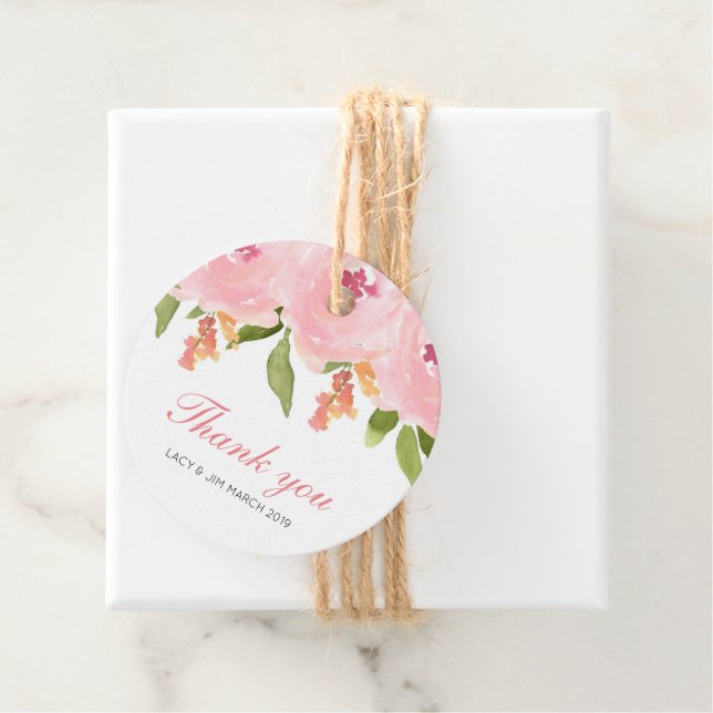Pink spring floral wedding favour tag (In Situ)