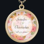 Pink Spring Floral Wedding Gold Plated Necklace<br><div class="desc">An elegant necklace to celebrate your nuptials a floral wedding design, perfect for a spring wedding or those who want a touch of class with flowers. This beautiful floral design features a pattern of flowers in pink and apricot on a pink and white background. The text is fully customisable and...</div>