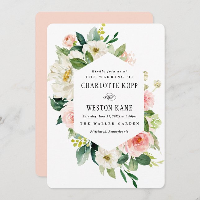 Pink Spring Florals Wedding Invitation (Front/Back)