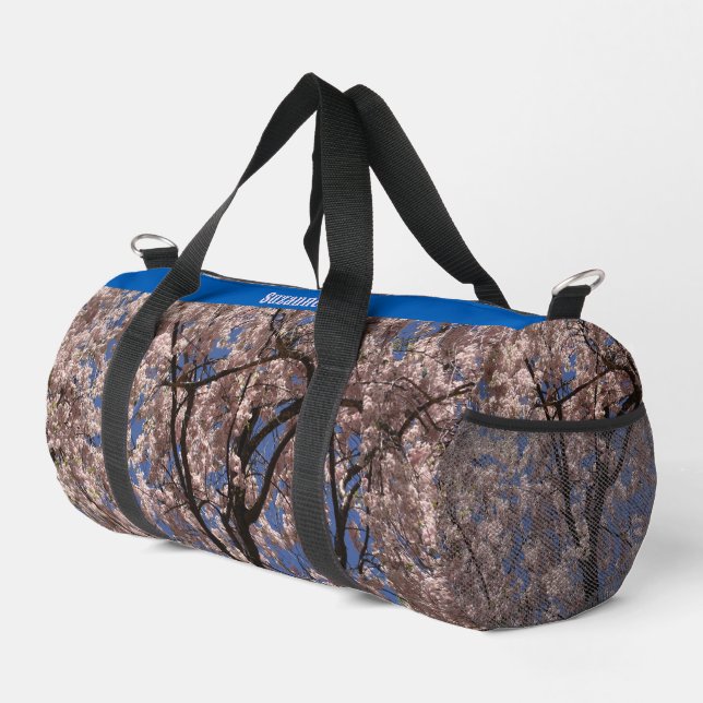 Pink Spring Flower Blossom Umbrella Blue Sky Duffle Bag (Right Corner)
