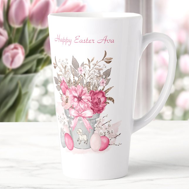 Pink Spring flowers Easter Personalised Name Latte Mug (Pink Spring flowers Easter Personalized Name Latte Mug)