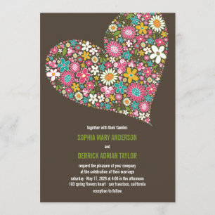 Pink Spring Flowers Heart Whimsical Wedding Invite