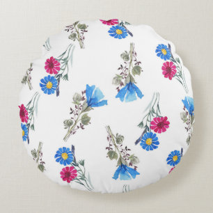 Pink Spring Flowers Watercolor Botanical Round Cushion