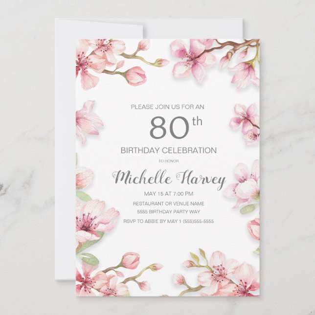Pink Spring Garden Floral 80th Birthday Party Invitation (Front)