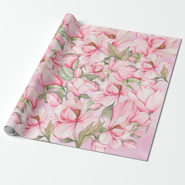 Pink Spring Magnolia flowers Wrapping Paper (Unrolled)