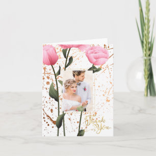 Pink Spring Rose Floral Photo Wedding Thank You Card