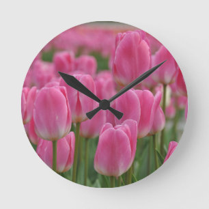 Pink spring tulips round clock