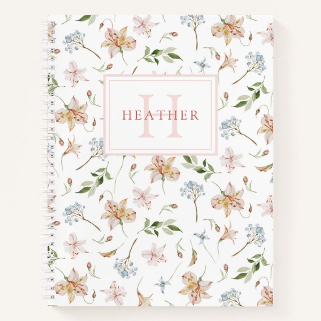 Pink Spring Watercolor Floral Monogram Name Notebook (Front)