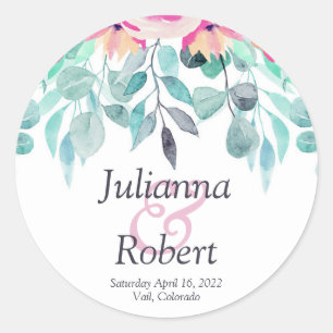 Pink spring watercolor floral wedding classic roun classic round sticker