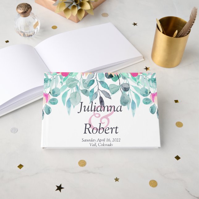 Pink spring watercolor floral wedding  guest book (Front Open)