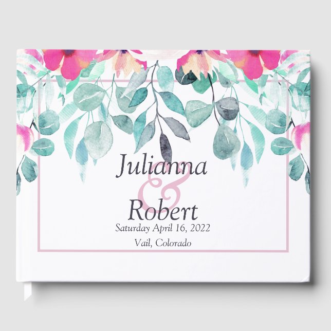 Pink spring watercolor floral wedding  guest book (Front)