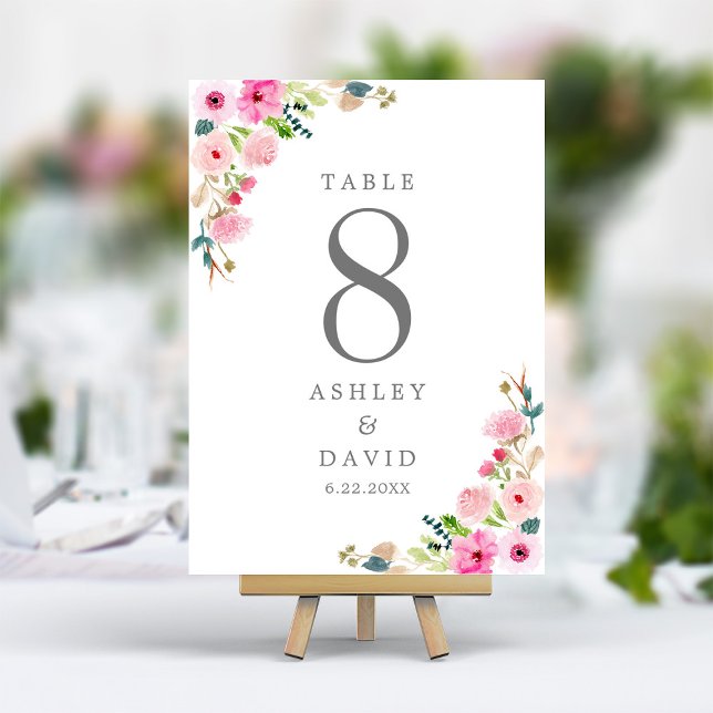 Pink Spring Watercolor Floral Wedding Table Number (Creator Uploaded)