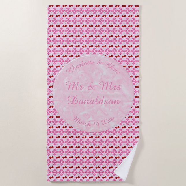 Pink Spring Wedding Cherry blossom and cherries Beach Towel (Front)