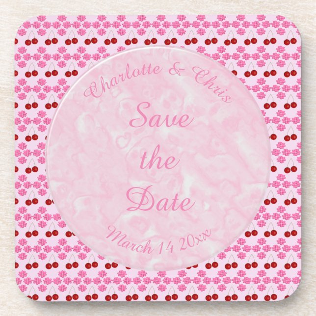 Pink Spring Wedding Cherry blossom and cherries Coaster (Front)