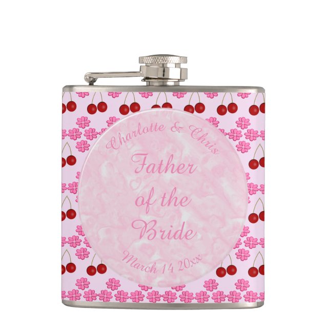 Pink Spring Wedding Cherry blossom and cherries Hip Flask (Front)