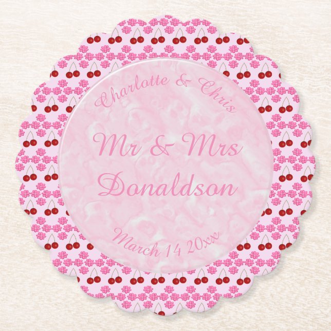 Pink Spring Wedding Cherry blossom and cherries Paper Coaster (Front)