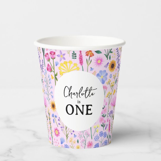 Pink Spring Wildflowers Baby Girl First Birthday Paper Cups (Front)
