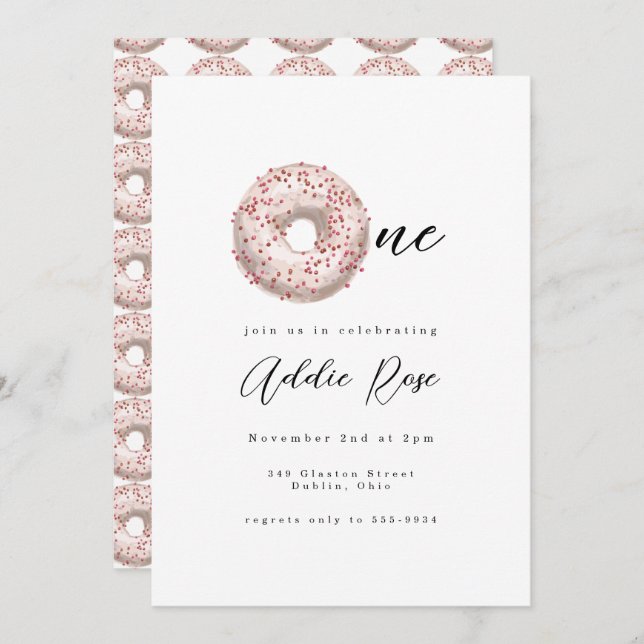 Pink Sprinkle Doughnut One Girl First Birthday Invitation (Front/Back)
