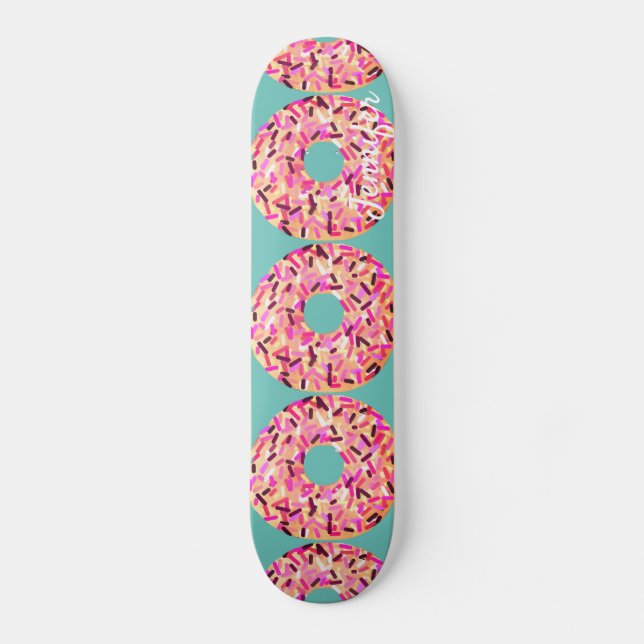 Pink Sprinkled Doughnuts Girly Teal Customised Skateboard (Front)