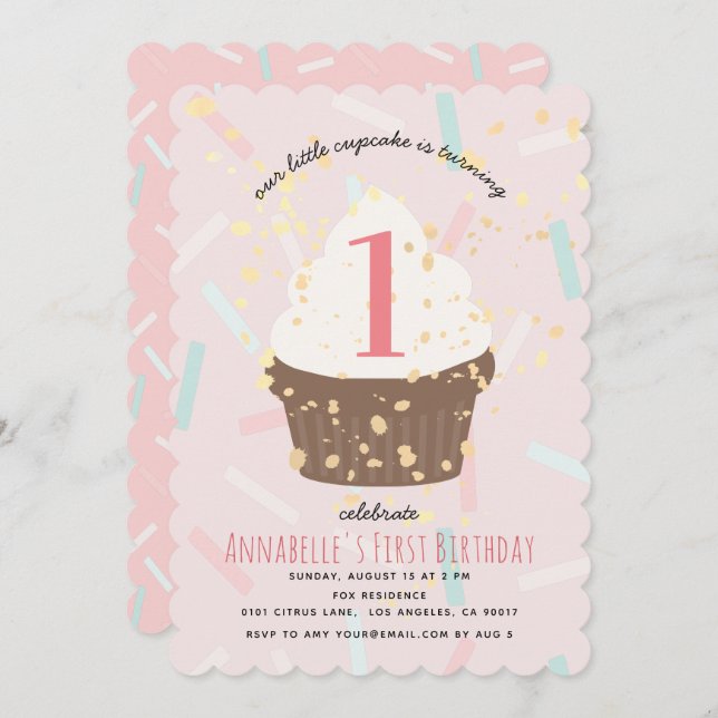 Pink Sprinkles Cupcake Birthday Invitation (Front/Back)