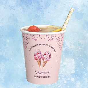 Pink Sprinkles Girl Ice Cream 1st Birthday Paper Cups