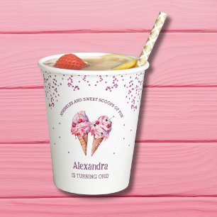 Pink Sprinkles Girl Ice Cream 1st Birthday Party Paper Cups