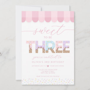 Pink Sprinkles Sweet to be 3 Ice Cream Birthday Invitation