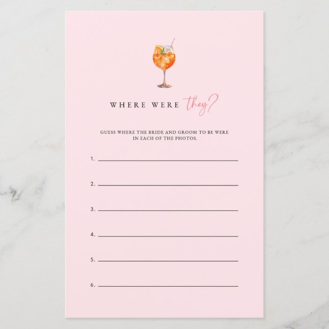 Pink Spritz Where Were They Bridal Shower Game (Front)
