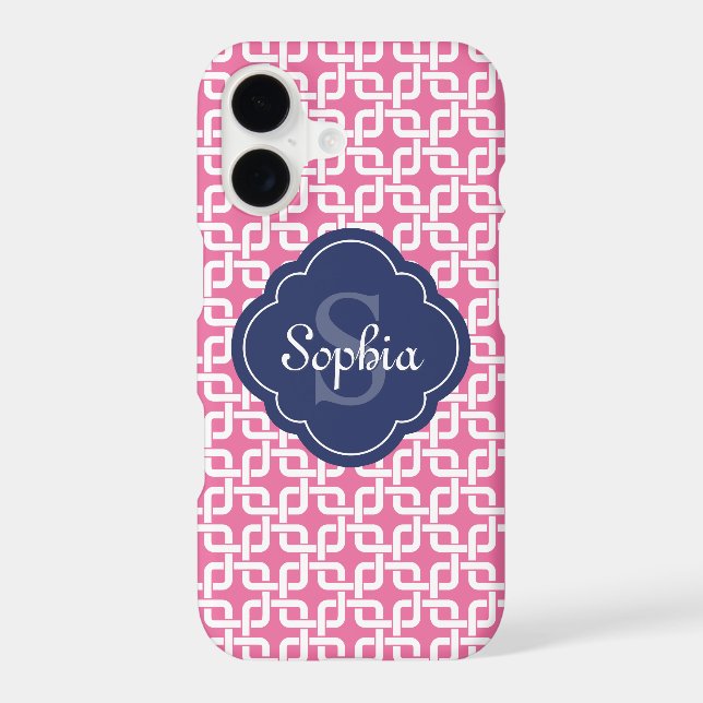 Pink Square Chain Pattern Blue Monogram (Back)