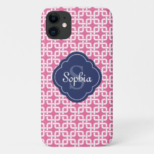 Pink Square Chain Pattern Blue Monogram Case-Mate iPhone Case