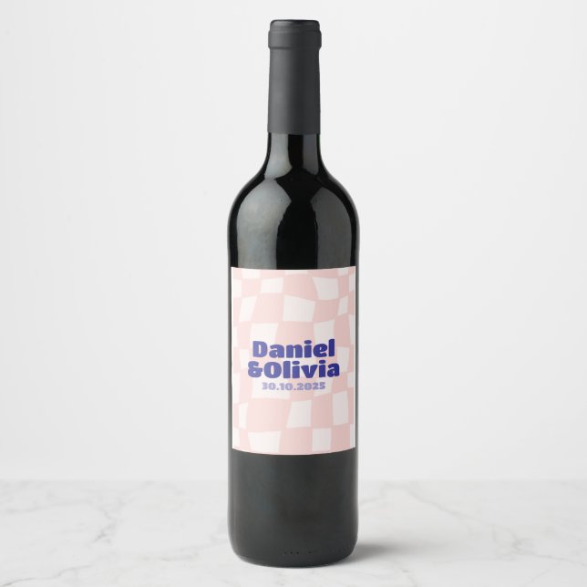 Pink Square Wedding Wine Label (Front)