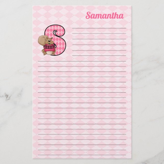 Pink Squirrel Mongram Letter S with Name Lined Stationery (Front)