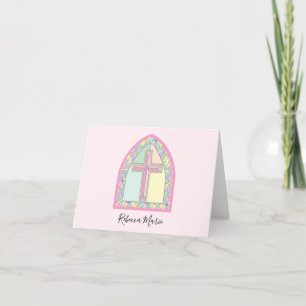 Pink Stained Glass First Communion Thank You Note Card
