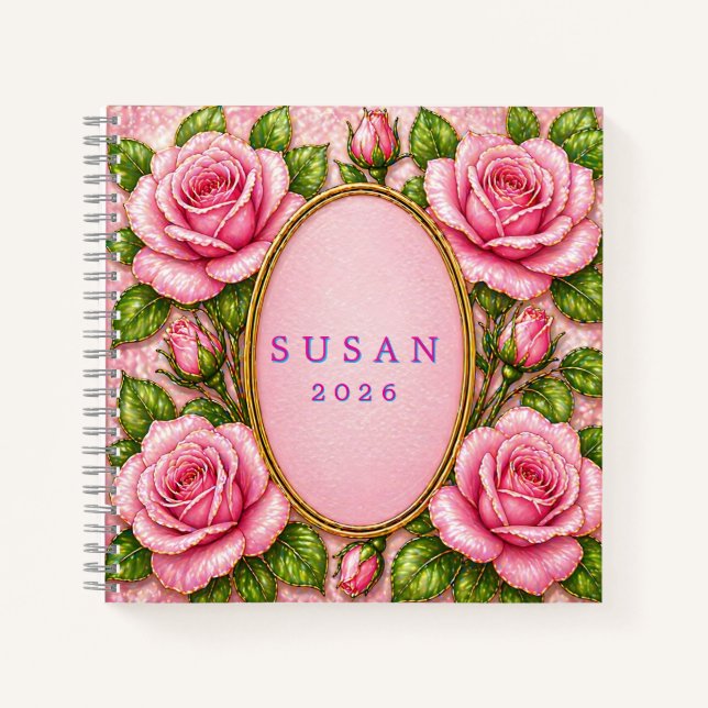 Pink Stained Glass Rose Elegant Custom Gift Notebook (Front)