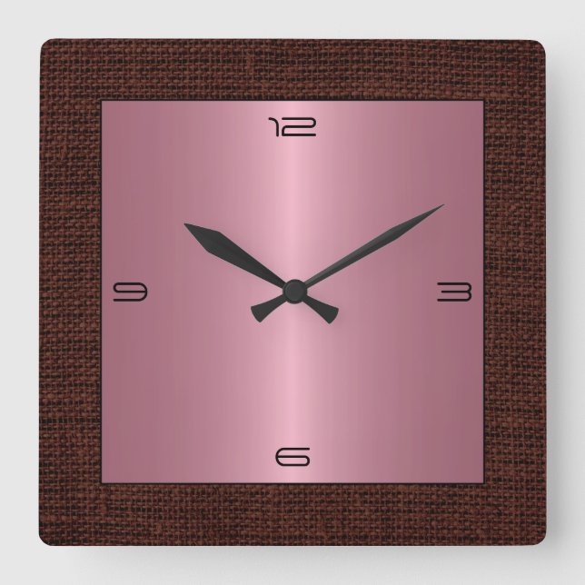 Pink Stainless Steel Modern Burlap Border Square Wall Clock (Front)